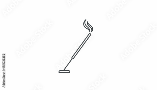 Minimalist Line Art Incense Stick Burning with Flame and Smoke on White Background