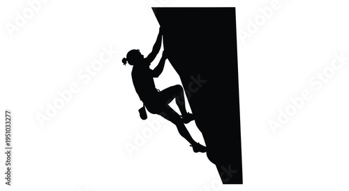 A climber ascends a rock face in a dramatic silhouette