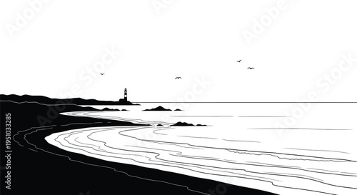 Coastal scene with lighthouse and birds a striking black silhouette