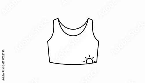 Minimalist line art of a crop top with a sun icon, white background
