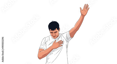 Illustration of a man with his hand on his chest and the other raised in a gesture, against a plain white background.