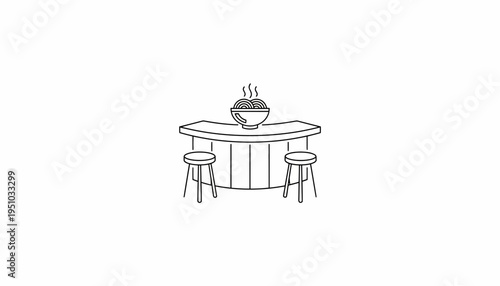 Minimalist Line Art of a Bar Counter with Stools and a Steaming Bowl of Noodles