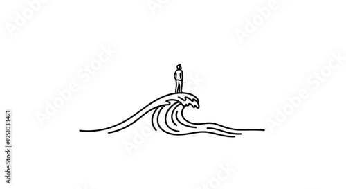 Minimalist Line Art: Person Standing on Crashing Wave, Symbolizing Resilience and Overcoming Challenges