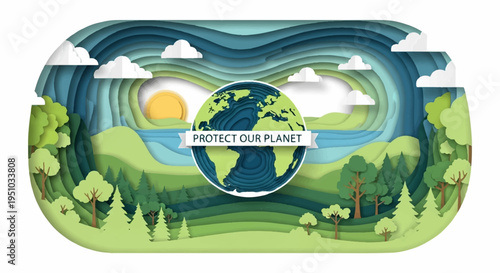 Earth with protect our planet banner in a serene natural landscape with trees sun and clouds