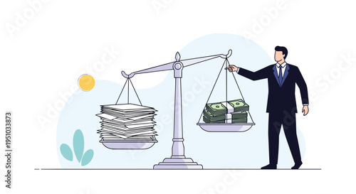 Professional businessman adjusts a large balance scale weighing a stack of papers against a bundle of dollar bills.