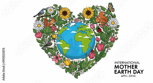 Earth surrounded by flowers sunflowers butterflies and birds in heart shape for international mother earth day