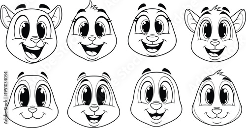Cute cartoon animal faces collection, funny smiling mascot heads set, adorable character expressions, black outline vector illustration icons