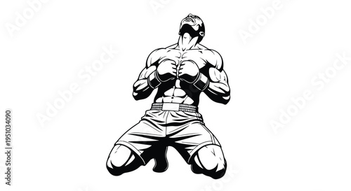A muscular man in a dynamic kneeling pose with clenched fists, depicted in a bold black and white illustration with high contrast, on a clean white background.