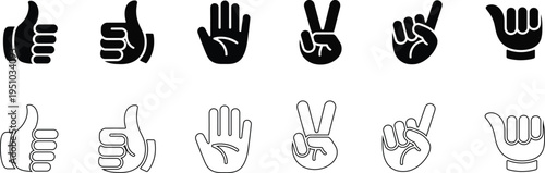 Human Hand Gesture Icon Pack – Like Dislike Victory Sign Palm Outline and Silhouette Symbols
