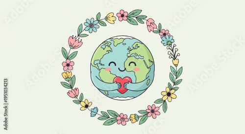 Earth surrounded by floral wreath with green leaves and colorful flowers on light green background symbolizing eco friendly planet