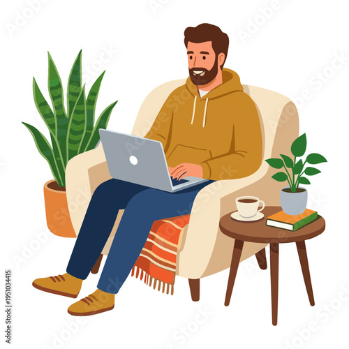 A man sits on a chair working on laptop at home with plants