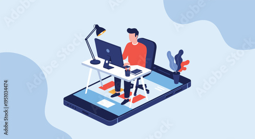 Professional man sitting at an office desk working on a computer placed on a giant digital smartphone screen.