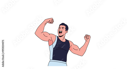 Cartoon illustration of a muscular man flexing his arms in a triumphant pose against a plain white background with bold lines and vibrant colors.