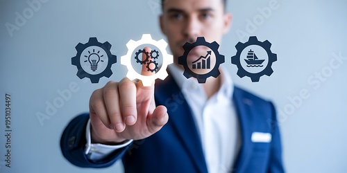 Businessman interacting with digital gears and icons