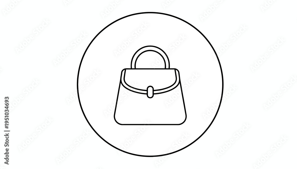 Fototapeta premium Minimalist handbag icon in a circle, simple outline drawing, fashion accessory symbol