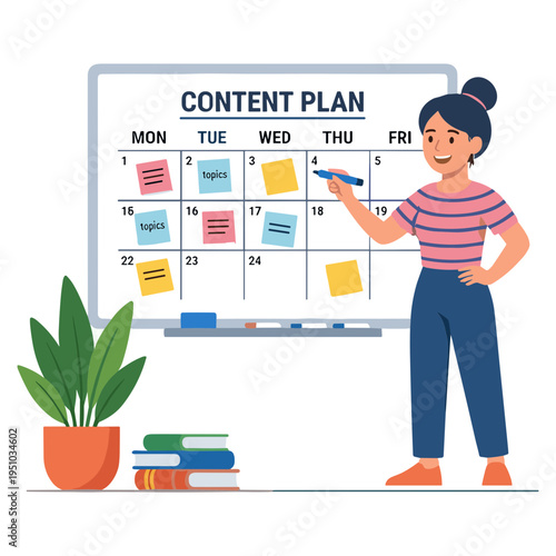Woman presents content plan on calendar board with marker in hand.