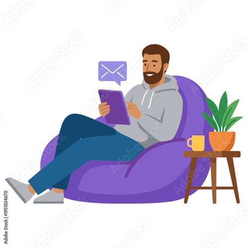 A man sits on a purple bean bag chair reading a tablet with a speech bubble.