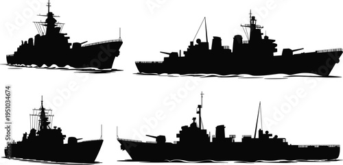 Five black silhouette naval warships on a white background with wavy water lines battleships