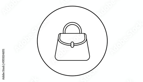 Minimalist handbag icon in a circle, simple outline drawing, fashion accessory symbol