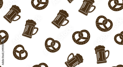 Oktoberfest beer mug and pretzel seamless vector pattern for festive backgrounds