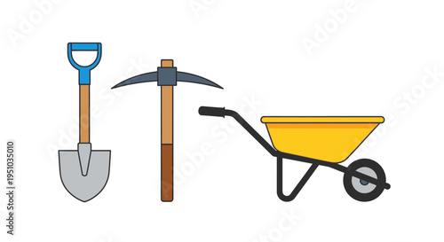 Set of Garden and Construction Tools Illustration Featuring Shovel, Pickaxe, and Yellow Wheelbarrow Isolated on White Background