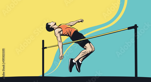 Athlete performing a high jump over a bar with a dynamic yellow and blue abstract background in colorful retro style.