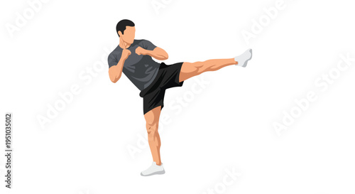Young man performing a karate kick in a dynamic pose against a clean white background with a focus on martial arts.