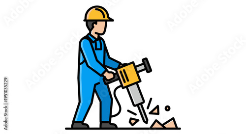 Construction Worker Vector Illustration using Jackhammer for Demolition or Road Work in Flat Line Art Style