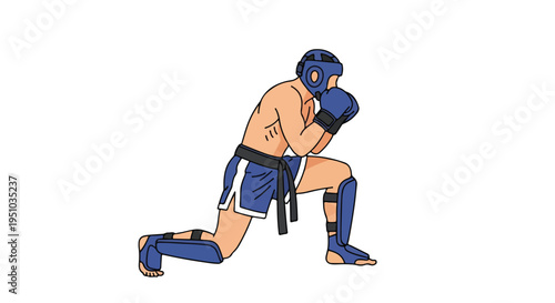 Illustration of a shirtless male boxer wearing blue gear in a fighting stance against a white background.