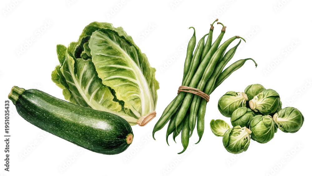 Fototapeta premium Fresh green vegetables collection, including zucchini, romaine lettuce, green beans, and Brussels sprouts, isolated PNG on transparent background for healthy food designs