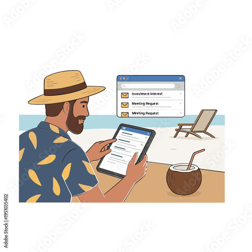 Man relaxing on beach with tablet and coconut drink nearby outdoor