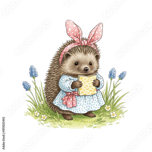 Cute Hedgehog in Bunny Ears and Dress, Holding a Note, Surrounded by Spring Flowers and Green Grass, Whimsical Watercolor Illustration, Adorable Animal Character, Easter Theme Concept