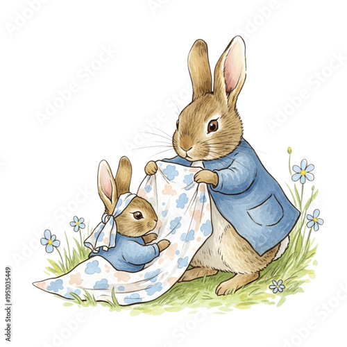Cute Bunny Mom and Baby in Blue Outfits Sharing a Blanket in a Meadow, Watercolor Illustration, Adorable Family Moment, Childhood, Nature, Spring.