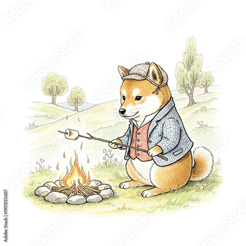 Charming Shiba Inu dog in a hat and jacket toasting marshmallows over a campfire in a whimsical, hand-drawn outdoor scene. Cute pet illustration for camping, autumn, and cozy vibes.