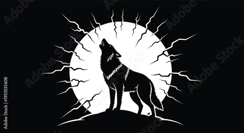 Black and white vector illustration of a howling wolf silhouette against a full moon with stylized lightning bolts and rays.