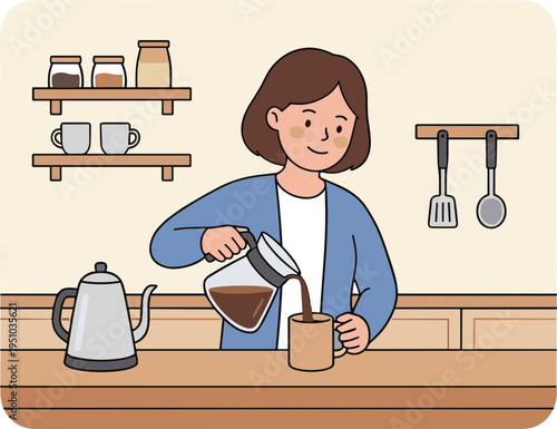 Woman pouring coffee into a mug on a kitchen counter indoors