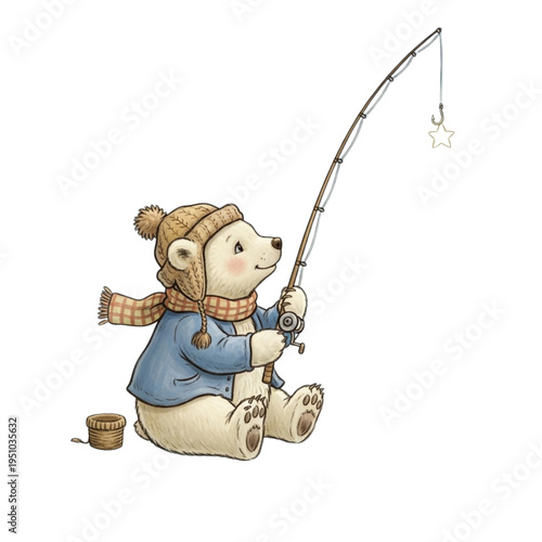 Cute Winter Bear Fishing with Rod and Bucket, Cozy Animal Character, Winter Season, Ice Fishing Illustration, Whimsical Art, Children's Book Style