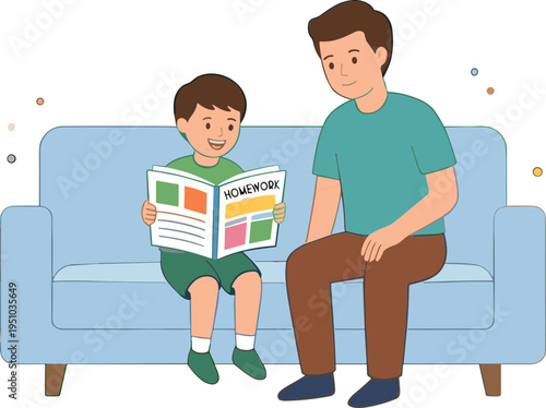 Father helping son with homework on couch indoors