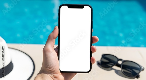 Hand holding smartphone with blank screen by swimming pool