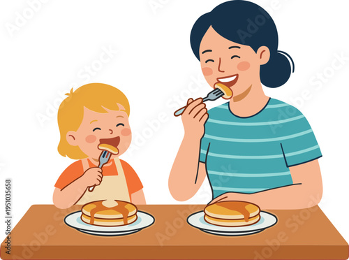Woman and child eating pancakes at a table indoors happily