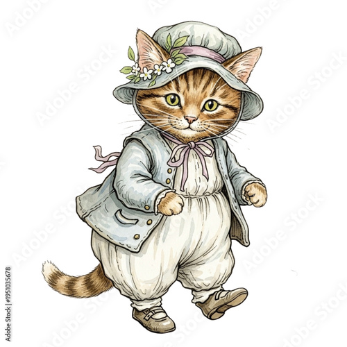 Charming Vintage Kitten in Victorian Attire, Adorable Cat Illustration, Whimsical Animal Art, Retro Style Pet Portrait, Storybook Character, Cute Feline Drawing

