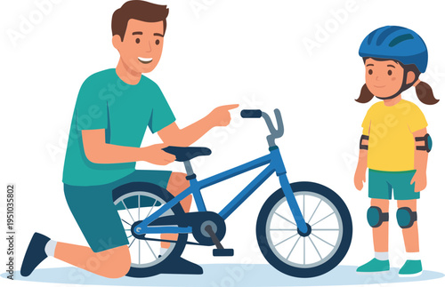 Man teaching a young girl how to ride a bicycle outdoors safely today