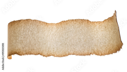 Aged, textured, and torn old paper strip with burnt edges, a vintage parchment scroll element isolated on transparent background, perfect for antique document overlays