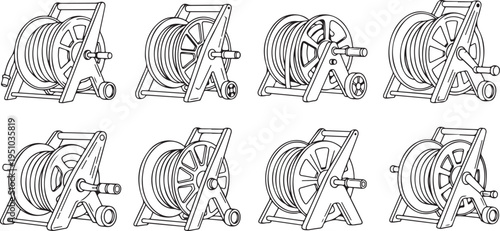 Various designs of hose reels for storing and dispensing flexible hoses Vector