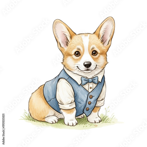 Dapper Corgi Puppy in Vest and Bowtie, Adorable Dog Portrait, Cute Pet Illustration, Whimsical Animal Art, Perfect for Greeting Cards, Children's Books, and Pet Lovers