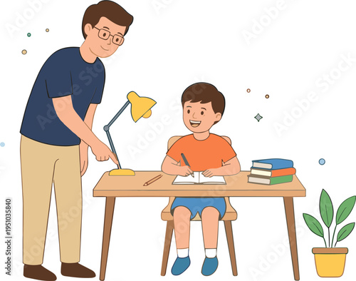 A man helps a boy studying at a desk with books and a plant nearby.