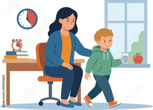 A woman guides a young boy across a classroom to a window with an apple and a glass of water on the sill.