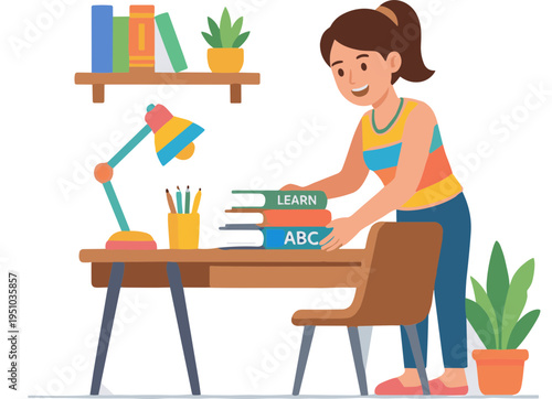 A woman organizes books on her desk in a cozy home office.