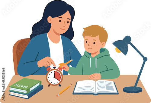 Woman teaches young boy with books clock pencil and lamp on table indoors
