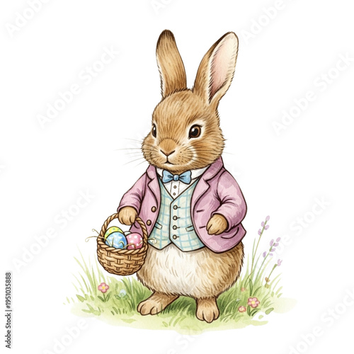 Charming Watercolor Easter Bunny Gentleman with Basket of Eggs, Spring Celebration, Cute Rabbit Illustration for Holiday Design